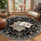 Area Rugs 4ft Washable Non-Slip, Floral Vintage Distress Print Pattern Medallion Carpet for Living Room Bedroom Dining Room, Black Brown Neutral Dark Tan