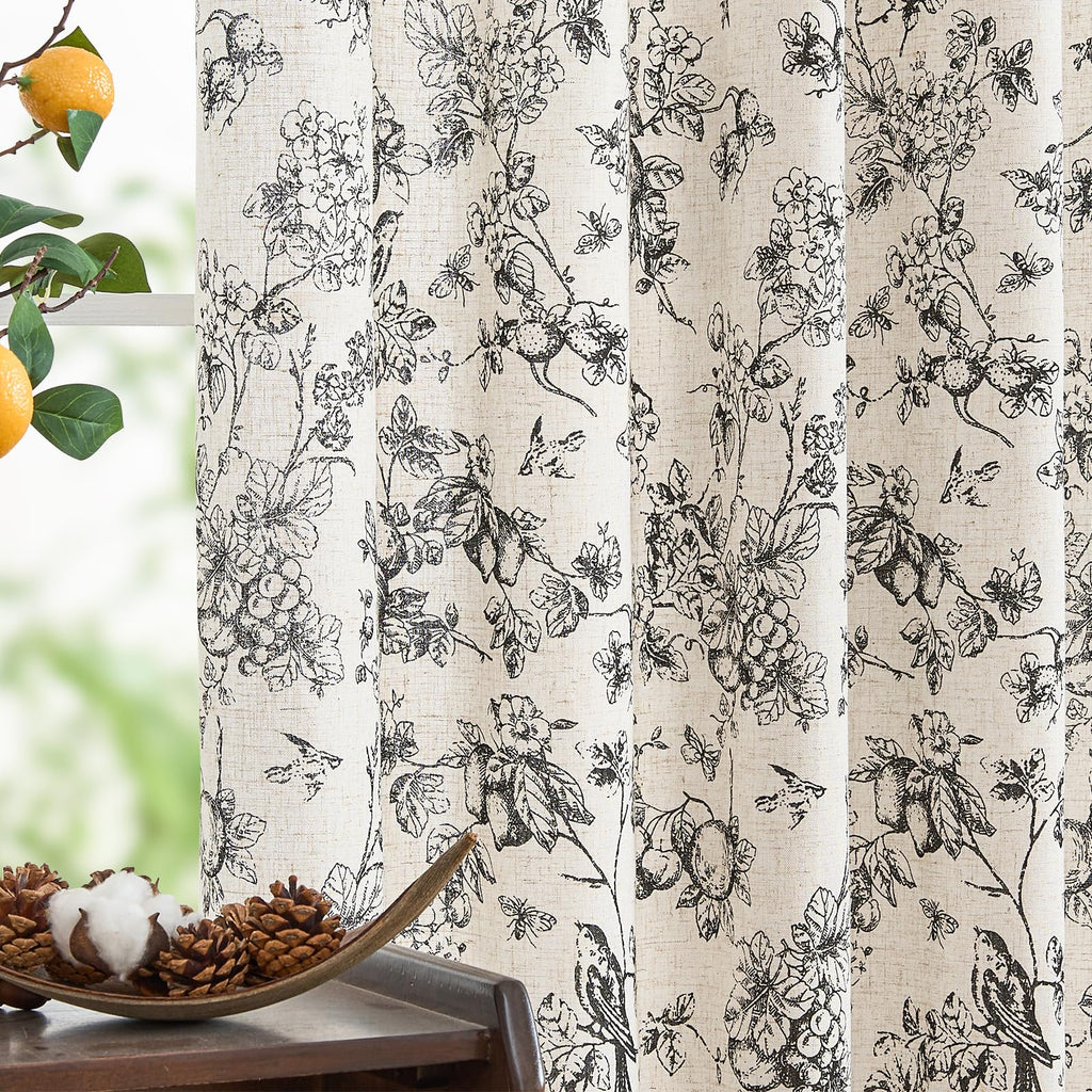 jinchan Black Floral Linen Curtains 63 Inch Vintage Back Tab 2 Panels