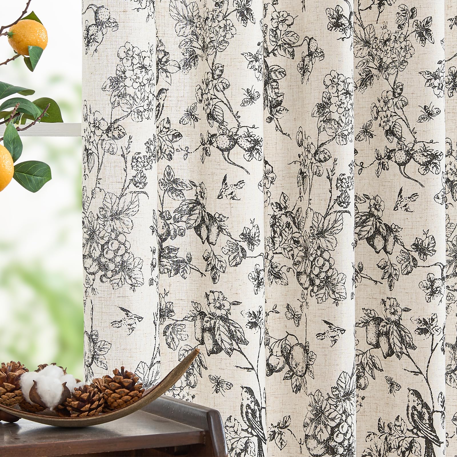 jinchan Black Floral Linen Curtains 63 Inch Vintage Back Tab 2 Panels