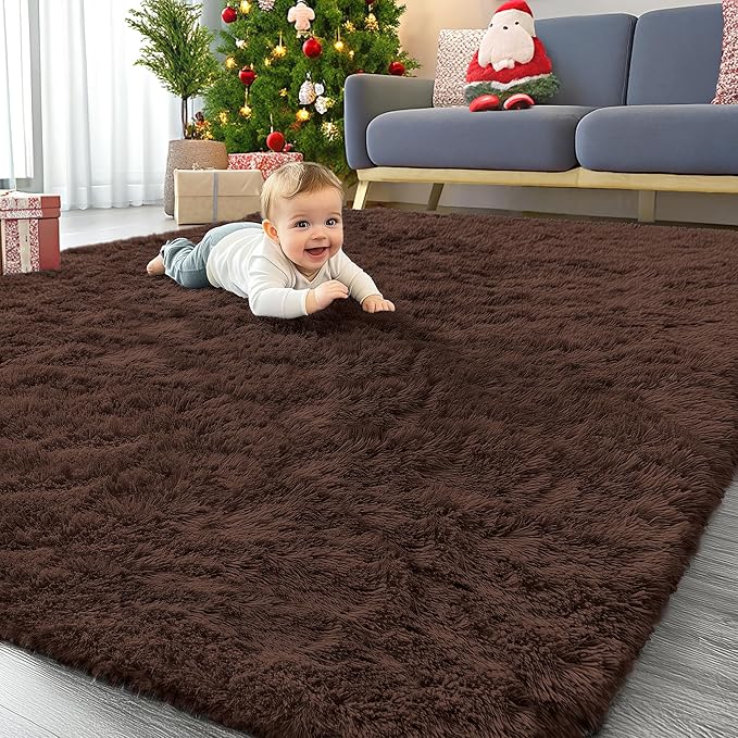 OLANLY 8x12 Machine Washable Large Area Rugs for Living Room, Bedroom, Soft Fluffy Shaggy Bedside Rug, Indoor Floor Carpet for Kids Girls and Boys, Dorms, Nursery, Home Decor Aesthetic, Coffee