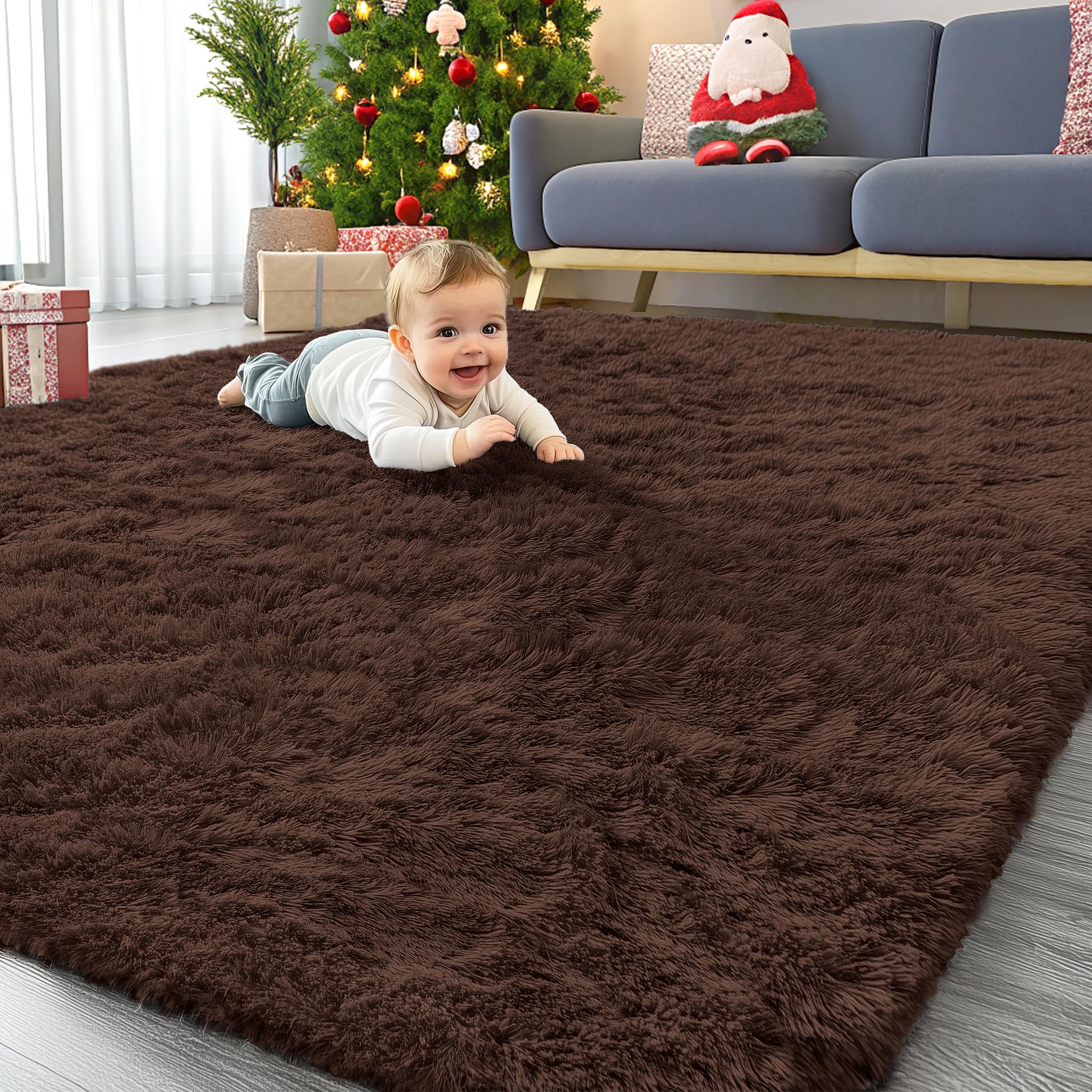 OLANLY 7x7 Machine Washable Large Area Rugs for Living Room, Bedroom, Soft Fluffy Shaggy Bedside Rug, Indoor Floor Carpet for Kids Girls and Boys, Dorms, Nursery, Home Decor Aesthetic, Coffee