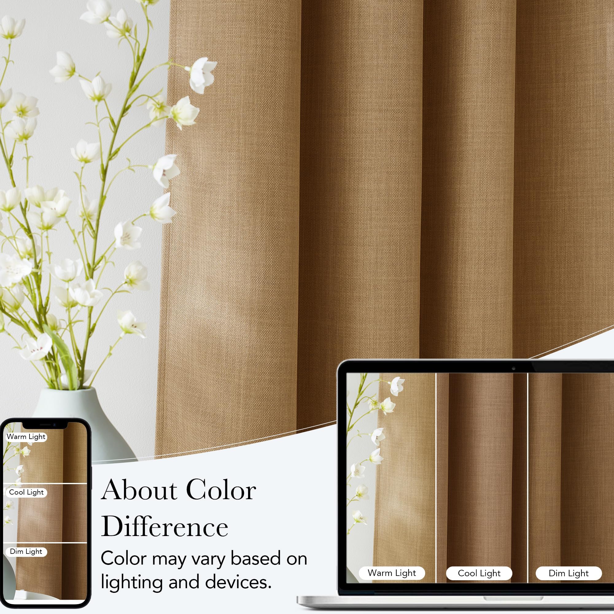 NICETOWN Caramel Faux Linen Room Darkening Rod Pocket Curtains 63 inch Length, W42 x L63, Light Blocking Thermal Insulated Noise Reducing Drapes for Bedroom Living Room Farmhouse Decor, 2 Panels