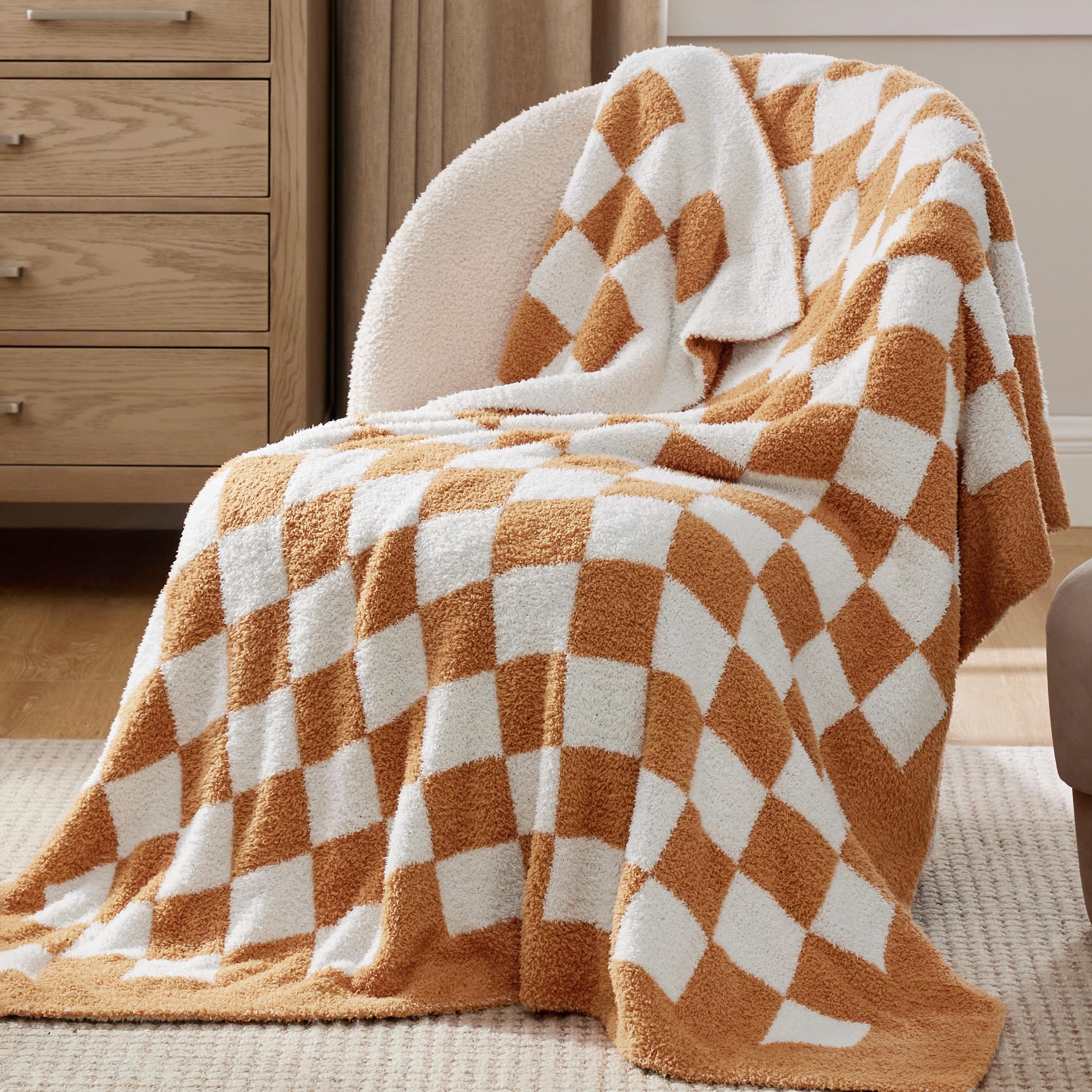 Bedsure GentleSoft Checkered Throw Blanket for Couch - Super Soft Cozy & Warm Knit Burnt Orange Blanket, Breathable, Lightweight & Fluffy Plaid Blankets for Bed, Sofa, Gifts for Women, 50x60 Inches