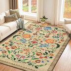 GarveeHome Washable Rug 3x5 Area Rugs for Living Room, Floral Rug for Bedroom, Soft Boho Non Slip Throw Rugs with Rubber Back, Low Pile Stain Resistant Vintage Floral Carpet for Dining Room, Beige