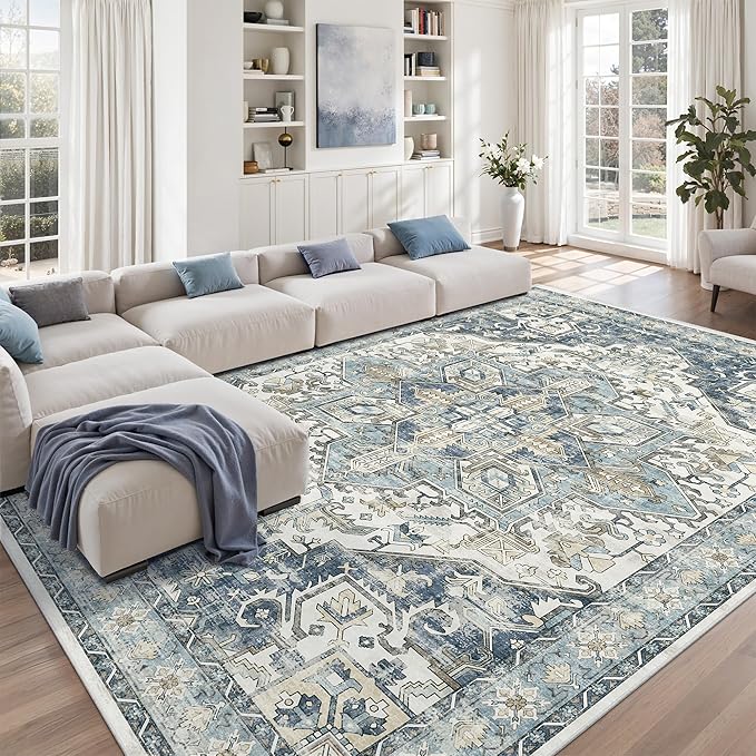 zesthome 9x12 Area Rugs-Washable Rug for Living Room, Non-Slip Backing Rugs, Stain Resistant 9x12 Rug for Bedroom, Ultra-Thin Low Pile Rugs, Vintage Large Home Decor