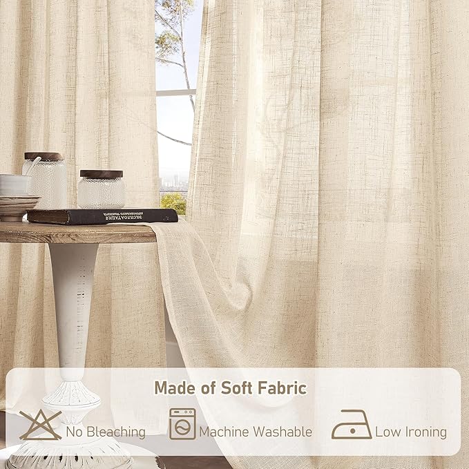 LAMIT Sheer Linen Curtains 63 Inches Long, Semi Sheer Light Filtering Panels Back Tab and Rod Pocket Small Cafe Drapes for Basement/Window/Loft Room, Linen, 2 Panels, 34 x 63 Inch