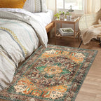 Yamaziot Washable Area Rug, 4x6 Non-Slip Boho Vintage Living Room Bedroom Rug with Rubber Backing, Low Pile Faux Wool Soft Distressed Rug Floor Carpet for Living Room, Laundry, Kids Playroom