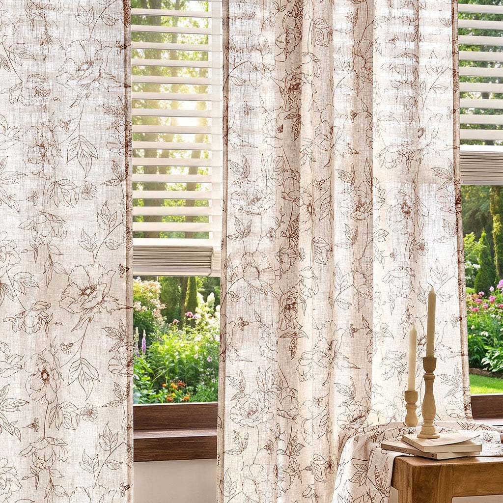 jinchan Floral Linen Curtains for Living Room 84 Inch Length Brown Flower Curtain Rod Pocket Back Tab Farmhouse Curtains with Printed Floral Bedroom Window Curtain Set, 2 Panels Brown