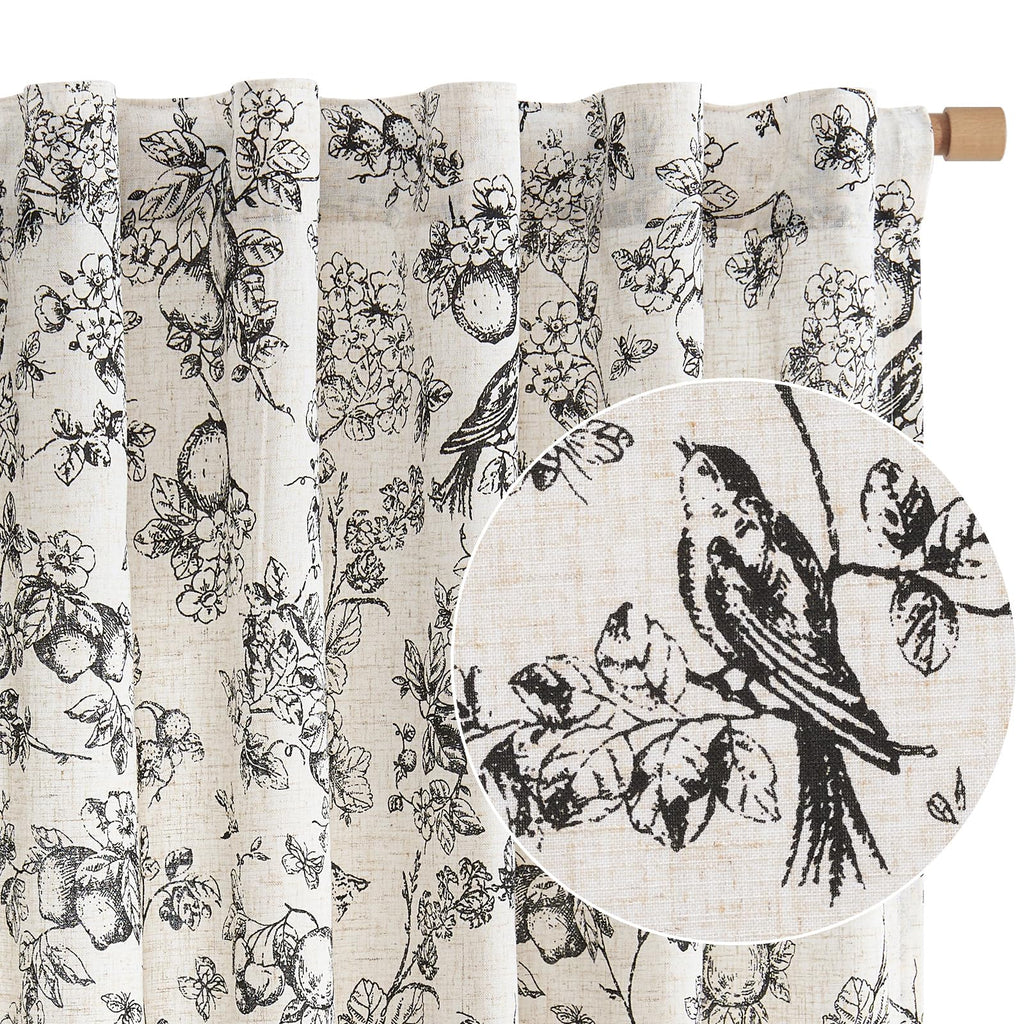 jinchan Black Floral Linen Curtains 63 Inch Vintage Back Tab 2 Panels