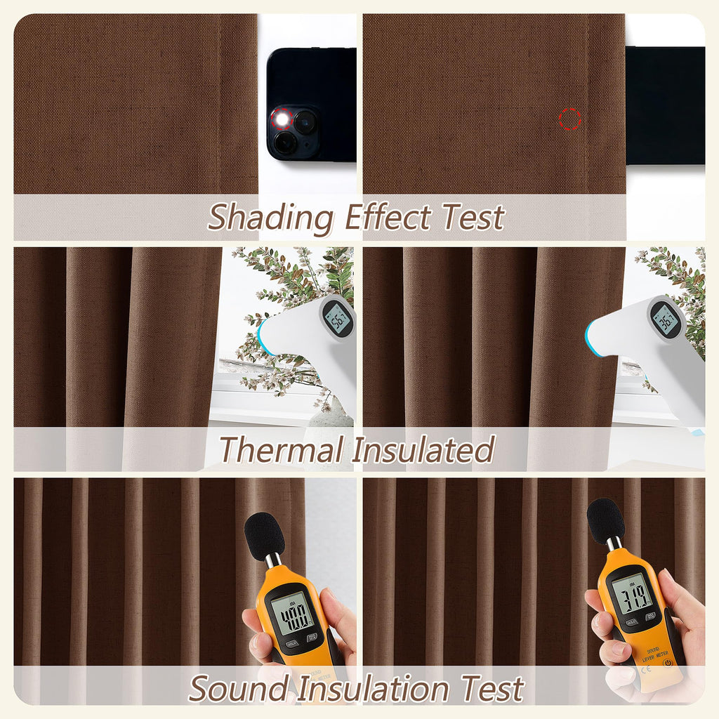 Rustic Brown 100% Blackout Linen Curtains 108 Inch Length 2 Panels Set for Living Room Bedroom Back Tab Thermal Insulated Black Out Drapes Room Darkening Farmhouse Style for Bedroom Window Curtains