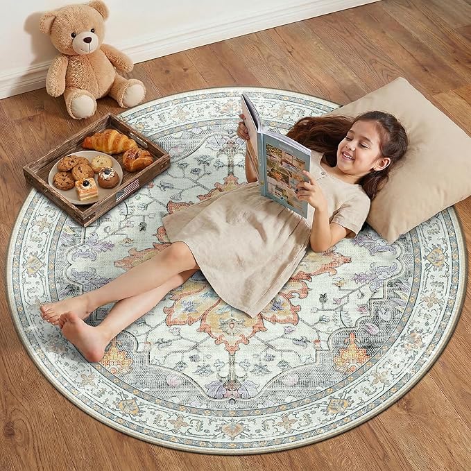 RELEANY Washable Area Rug, Round 4ft, Beige/Carbon Grey/Orange