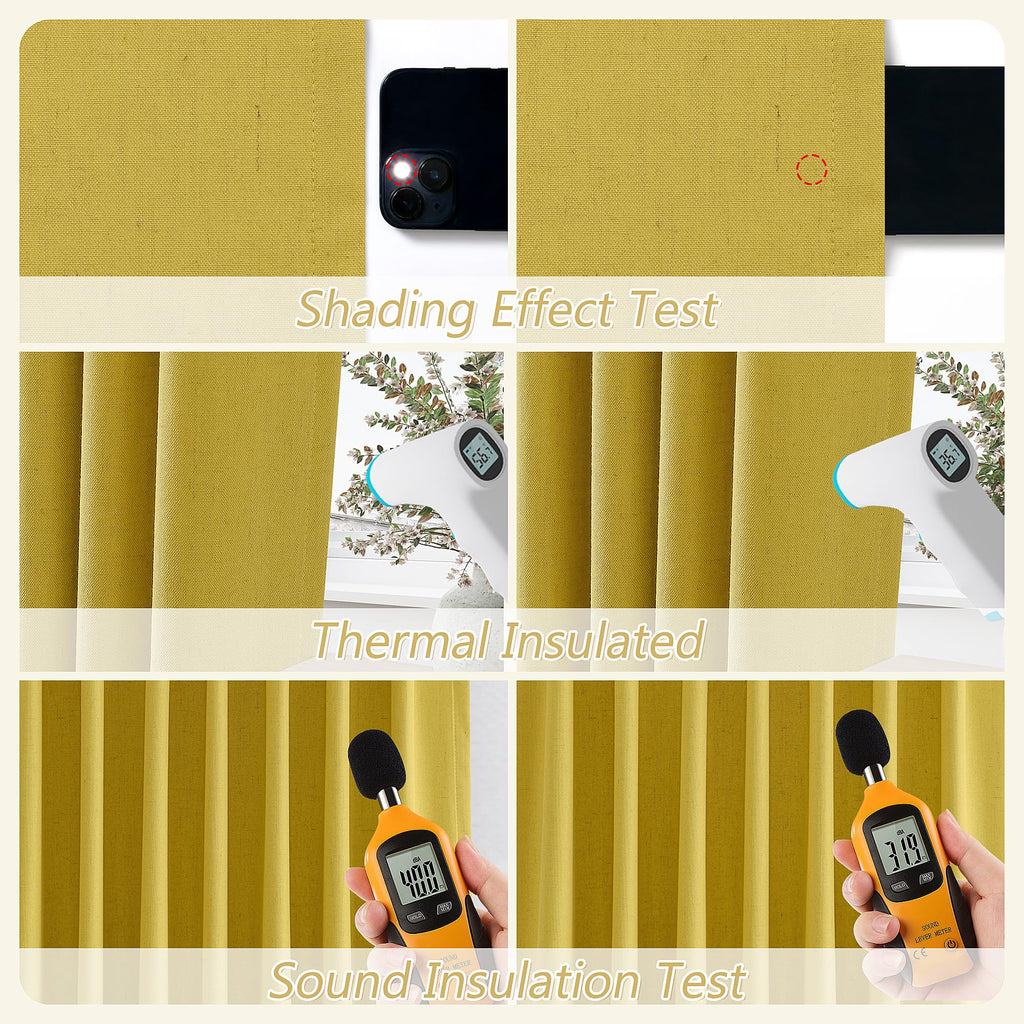 Guken 100% Blackout Curtains 84 Inch Length 2 Panels Set for Living Room Bedroom Back Tab Thermal Insulated Black Out Linen Drapes Room Darkening Celery Yellow,52x84