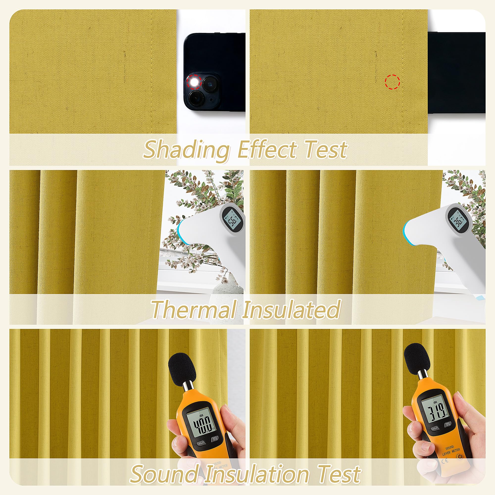 Guken Celery Yellow 100% Blackout Linen Curtains 102 Inch Length 2 Panels Set for Living Room Bedroom Back Tab Rod Pocket Thermal Insulated Black Out Drapes Room Darkening,52x102