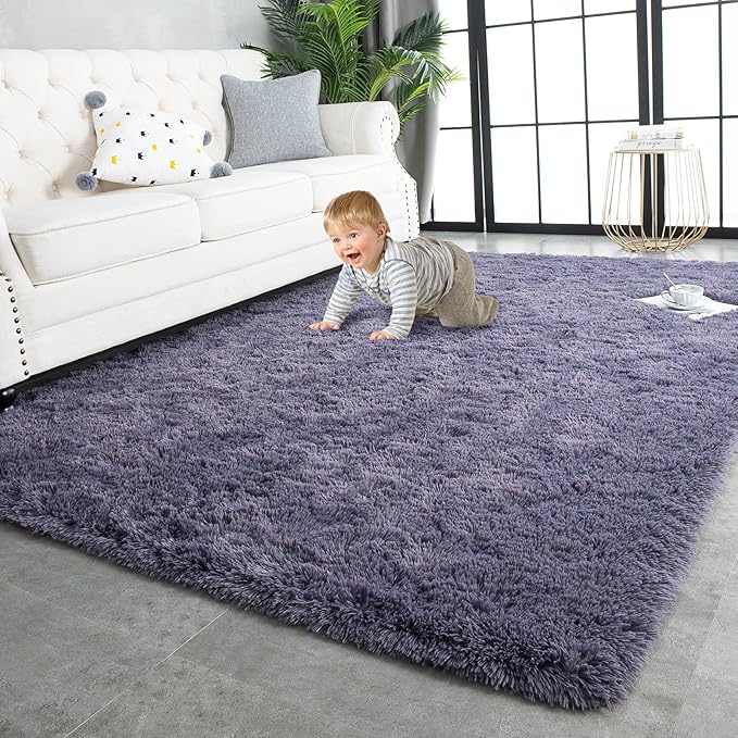 TWINNIS Super Soft Shaggy Rugs Fluffy Carpets 10x14 Feet, Indoor Modern Plush Area Rugs for Living Room Bedroom Kids Room Nursery Home Decor, Upgrade Anti-Skid Fuzzy Rug, Grey Purple