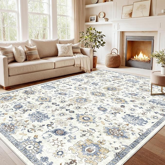 AMADA HOMEFURNISHING Washable Area Rug, Low-Profile Large Area Rug with Non-Slip Backing & Durable Edge Binding, Vintage Large Rugs for Living Room, Bedroom, Dinning Room (8x10,Blue/White)