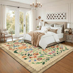 GarveeHome Washable Rug 9x12 Area Rugs for Living Room, Floral Rug for Bedroom, Soft Vintage Non Slip Throw Rugs with Rubber Back, Low Pile Stain Resistant Boho Floral Carpet for Dining Room, Beige
