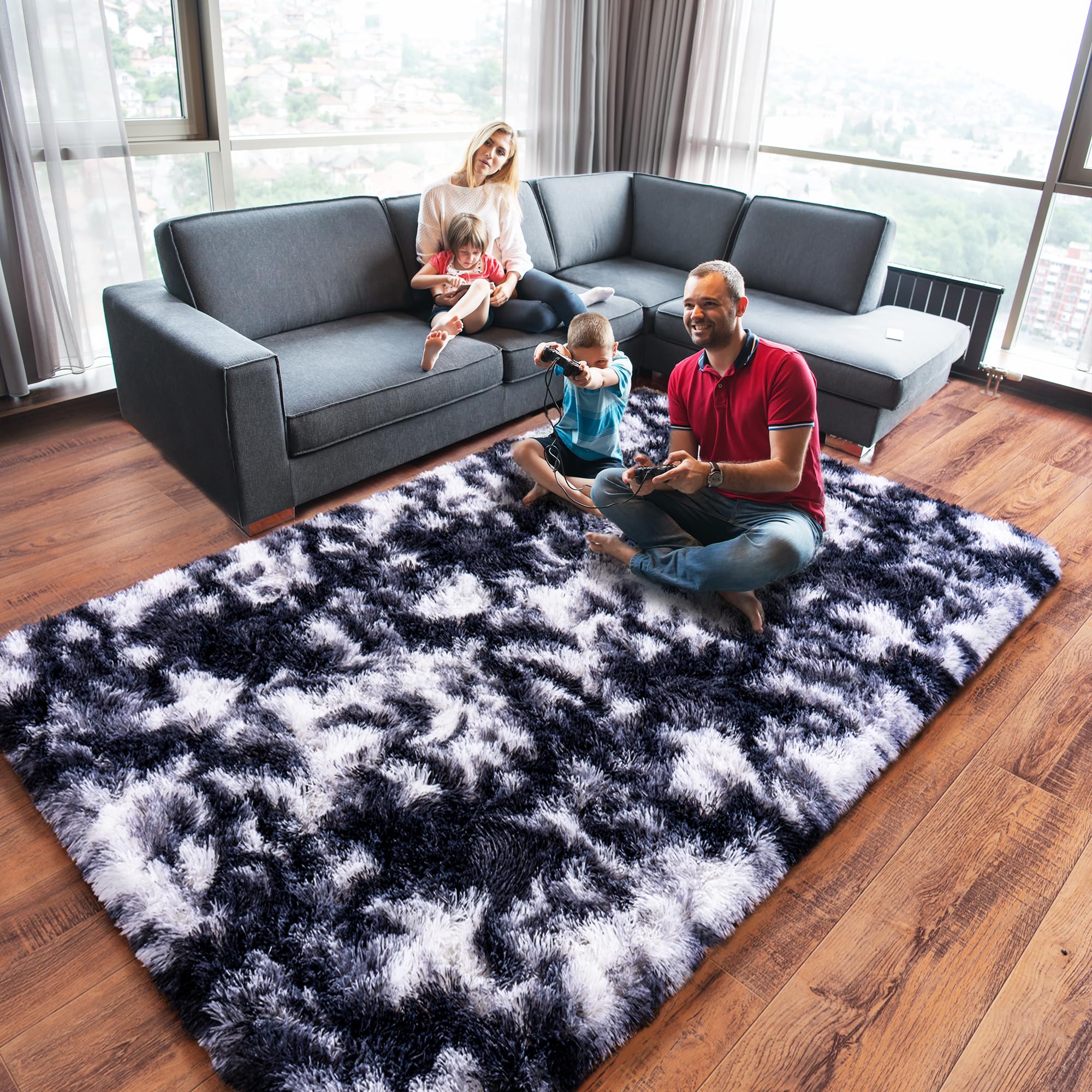 Quntue Black and White Rug for Living Room, 6x9 Area Rug for Bedroom, Bedside Indoor Floor Fluffy Shag Carpet, Plush Soft Rug for Boys Girls Kids Room Nursery Dorm Home Decor