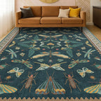 Hazo Haus Oriental Blue and Green Area Rugs for Living Room 6x9 - Insect & Butterfly Dining Table Rug, Bedroom Boys, Washable Non Skid Rubber Backed, Vintage Funky Home Décor