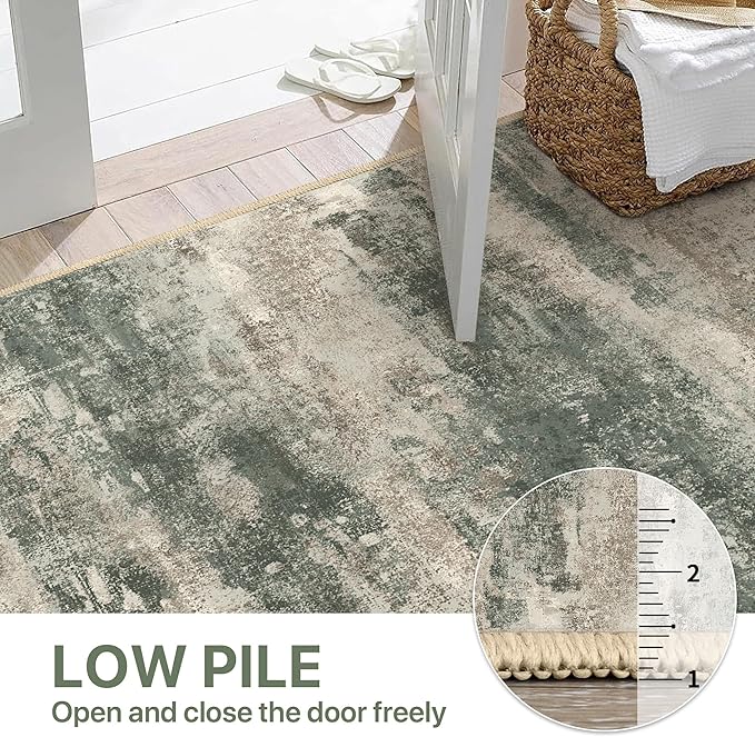 Round Rugs 5FT for Living Room Bedroom, Modern Abstract Machine Washable Circle Rug, Soft Low Pile Floor Cover with Non Slip Backing for Dining Room, Grey/Dark Green