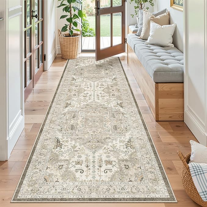 Madane Kitchen Runner 2'6''x8' Soft Rug Runners for Hallways, Ivory/Brown