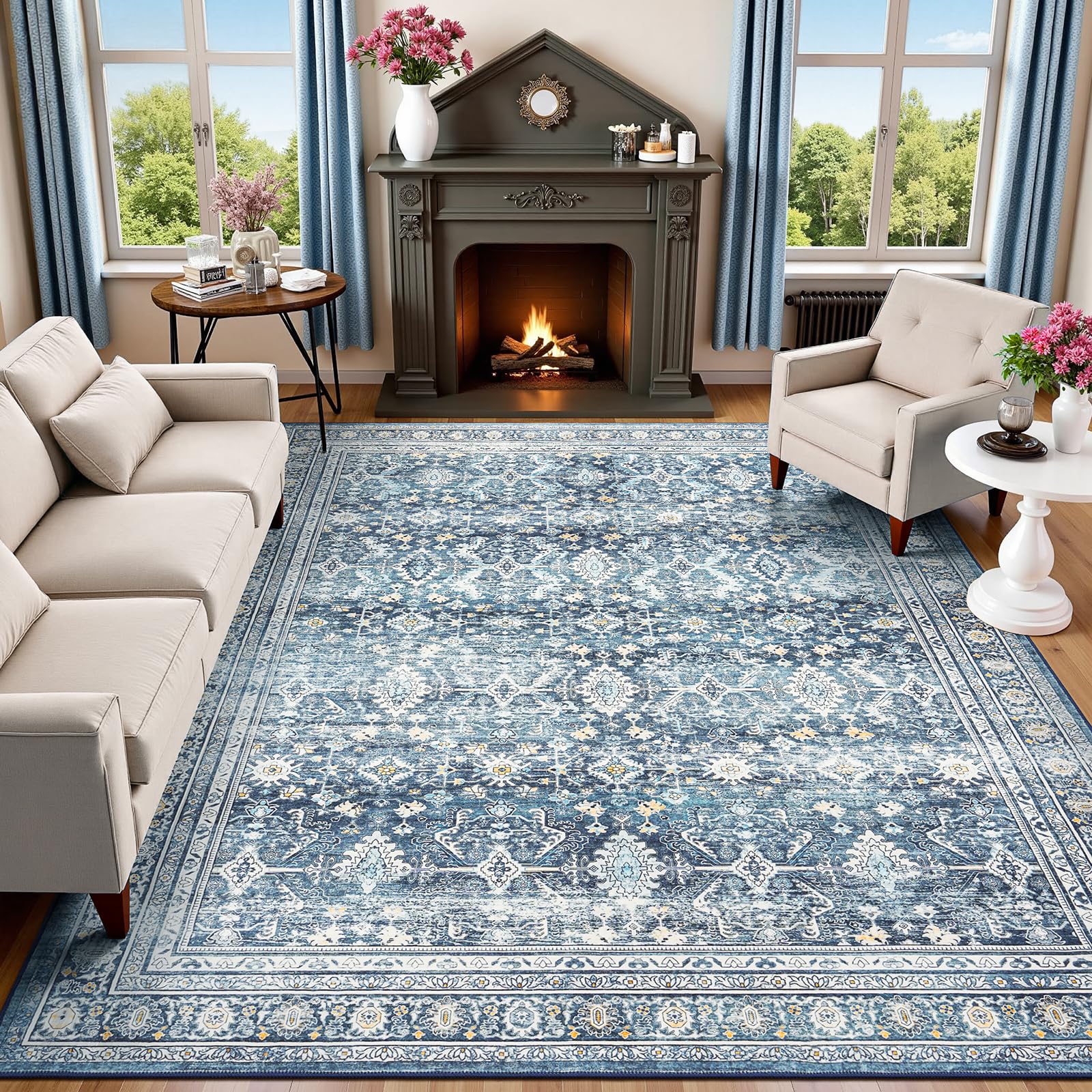 8x10 Area Rugs for Living Room Blue Washable Non-Slip Large Carpet
