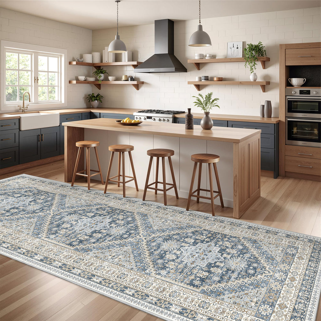 Restydon 3x10 Runner Rug Non Slip Washable Hallway Runner, Blue/Beige