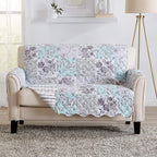 Great Bay Home Reversible Floral Patchwork Loveseat Furniture Protector - Machine Washable, Scalloped Edge, Stain Resistant, Printed Furniture Cover for Dogs, Kids, and Pets (Gray/Aqua)