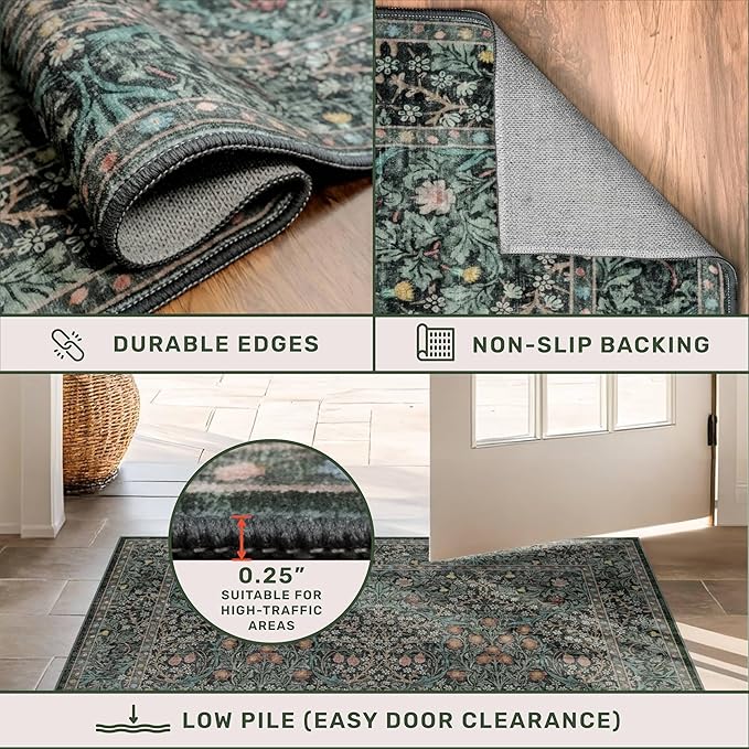 8x12 Area Rug for Living Room - Large Washable Rugs for Bedroom, Dining Room Under Table, Ultra Soft Low Pile Non-Slip Stain Resistant Carpet - Dark Green Vintage Floral Décor