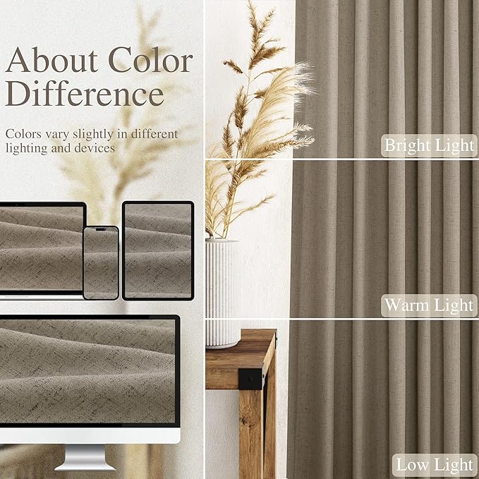 Mocha Linen Curtains 84 Inches Long for Bedroom Back Tab Light Filtering Privacy Semi Sheer Curtains Modern Farmhouse Decor Mocha Cotton Textured Curtain for Living Room 2 Panels Set 52x84 Inch