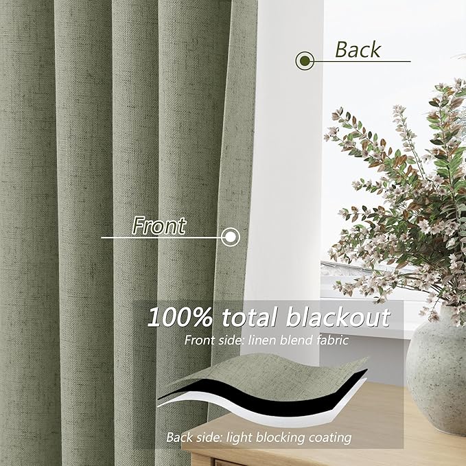 Sage Green 100% Blackout Linen Curtains 86 Inch Length 2 Panels Set for Living Room Bedroom Back Tab Thermal Insulated Black Out Drapes Room Darkening Window Curtains 86 Inches Long