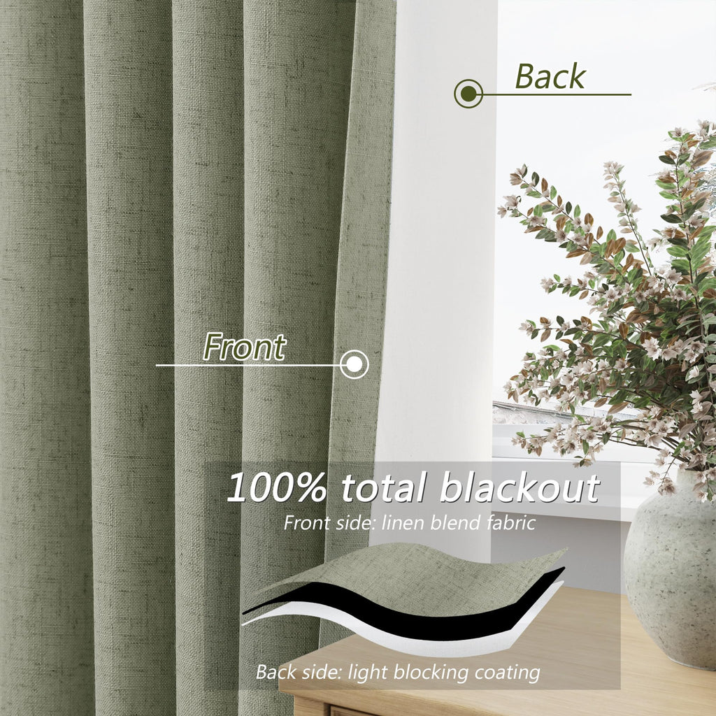 Sage Green 100% Blackout Curtains 96 Inch Length 2 Panels Set for Living Room Bedroom Back Tab Thermal Insulated Black Out Linen Drapes Room Darkening Window Curtains 96 Inches Long