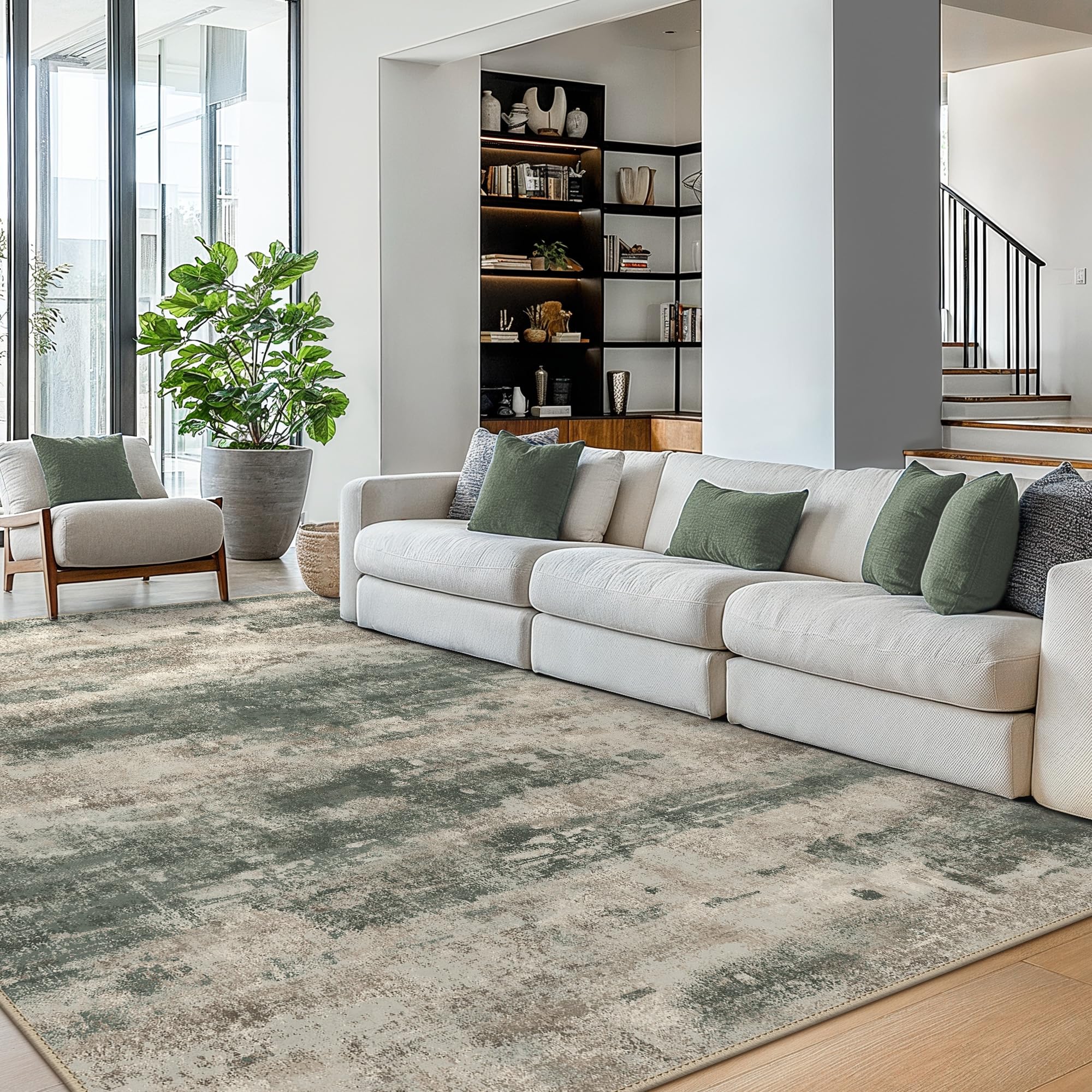 BEIMO 8x10 Area Rug for Bedroom, Green Taupe Washable Abstract Non Slip Rug