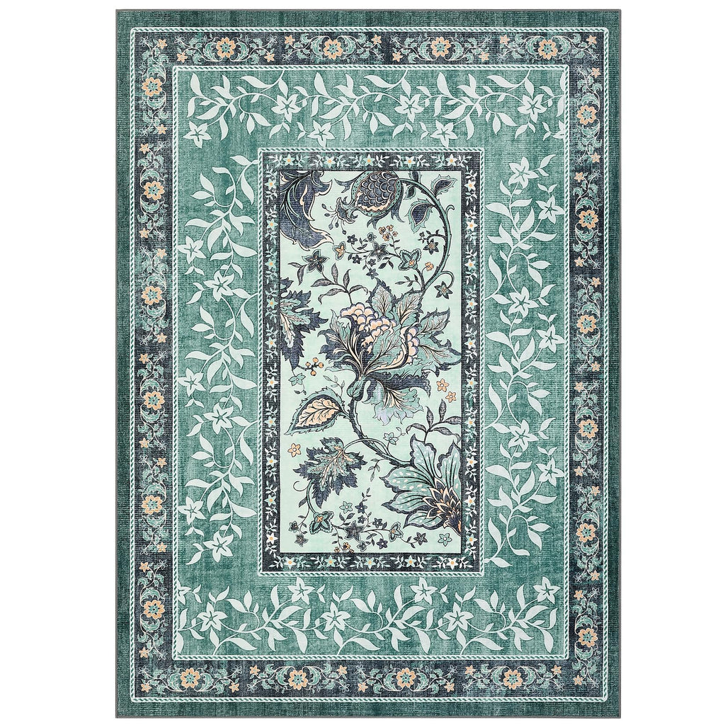 GarveeHome Teal Washable 5x7 Area Rugs, Botanical Grove Vintage Cottage core Non-Slip Rug for Bedroom Living Room Nursery Kitchen Low-Pile Retro Carpet