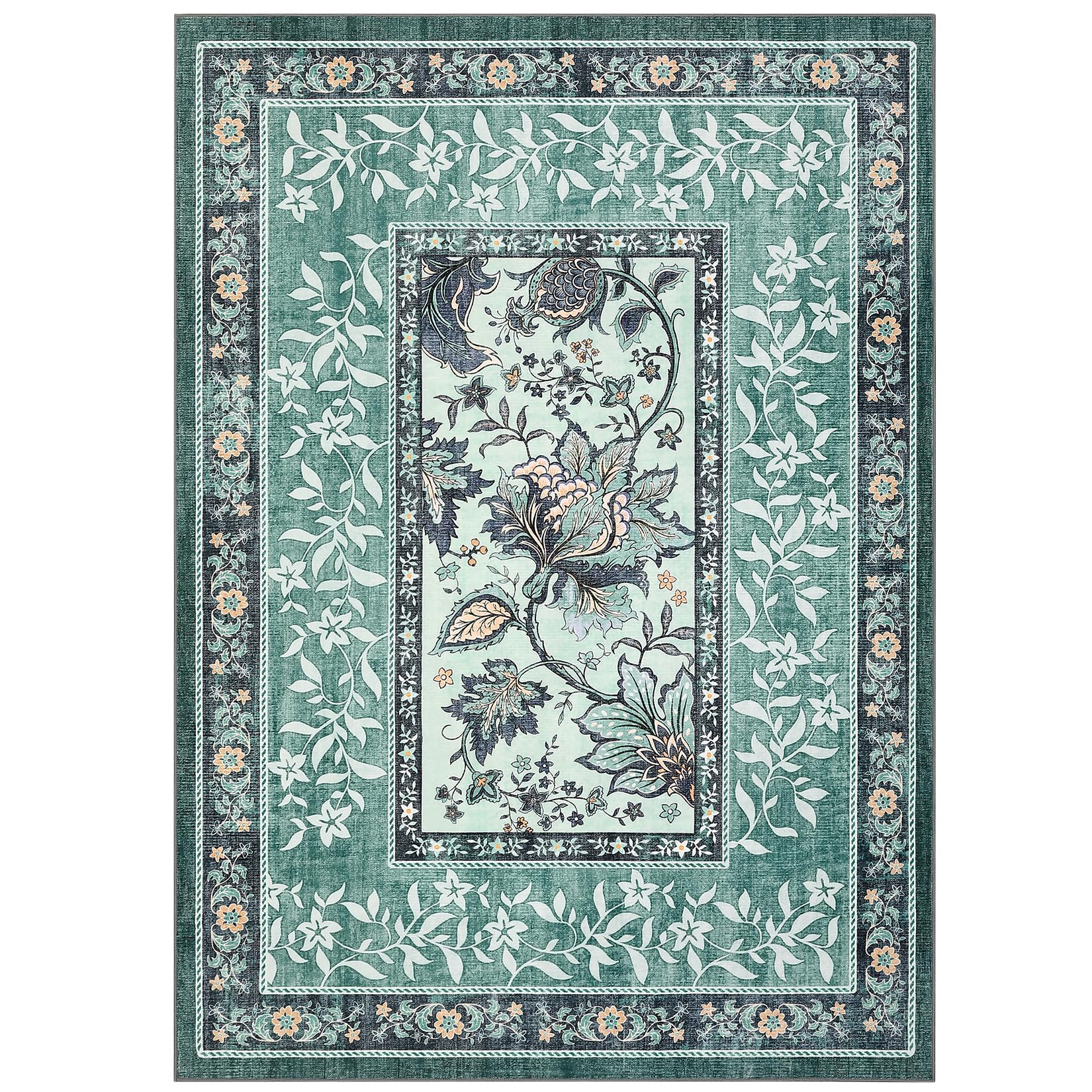 GarveeHome Teal Washable 5x7 Area Rugs, Botanical Grove Vintage Cottage core Non-Slip Rug for Bedroom Living Room Nursery Kitchen Low-Pile Retro Carpet