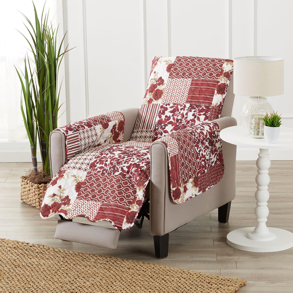 Great Bay Home Reversible Patchwork Recliner Cover - Washable Slipcover Furniture Protector with Elastic Straps - Perfect for Kids & Pets - Box-Stitched Detail (Burgundy)