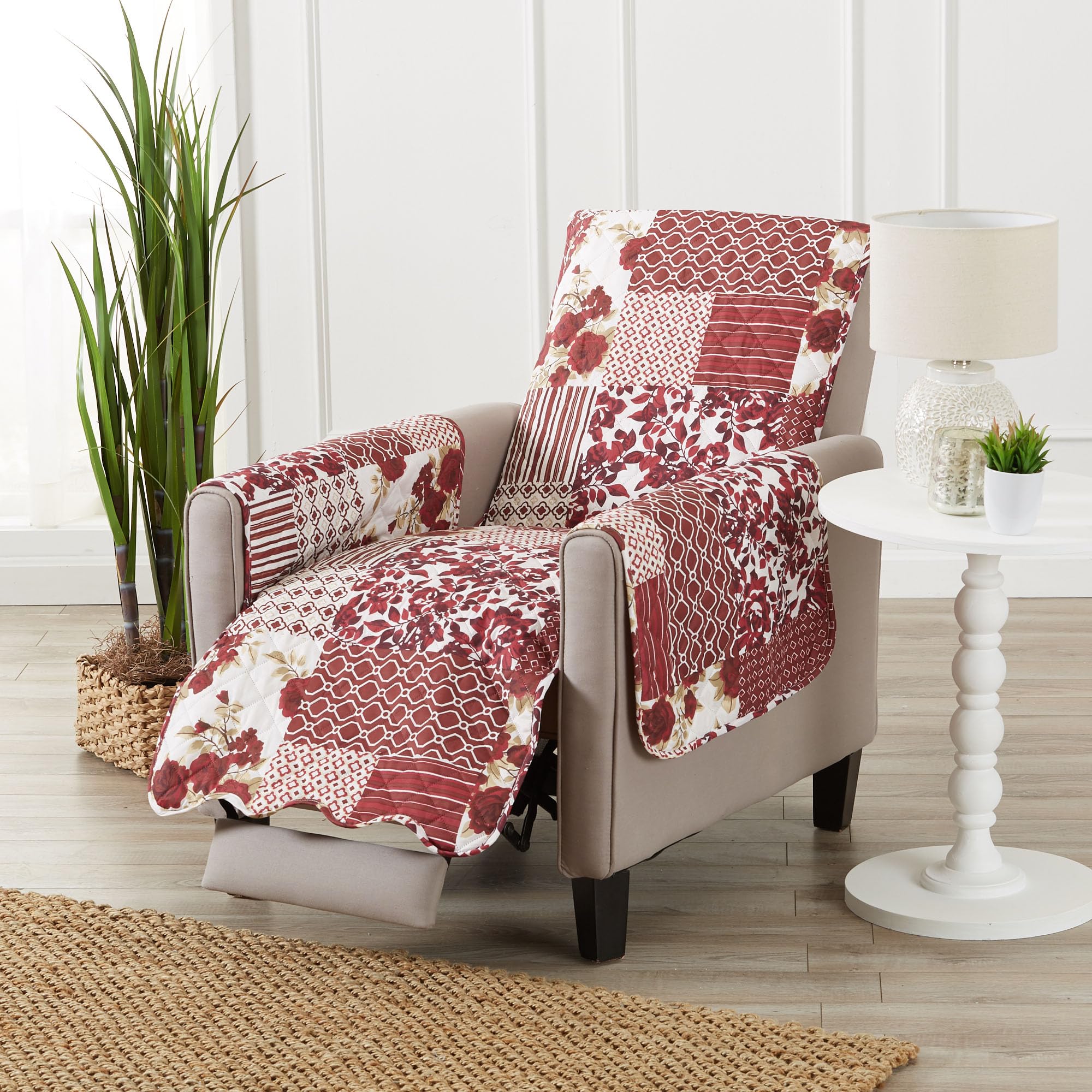 Great Bay Home Reversible Patchwork Recliner Cover - Washable Slipcover Furniture Protector with Elastic Straps - Perfect for Kids & Pets - Box-Stitched Detail (Burgundy)