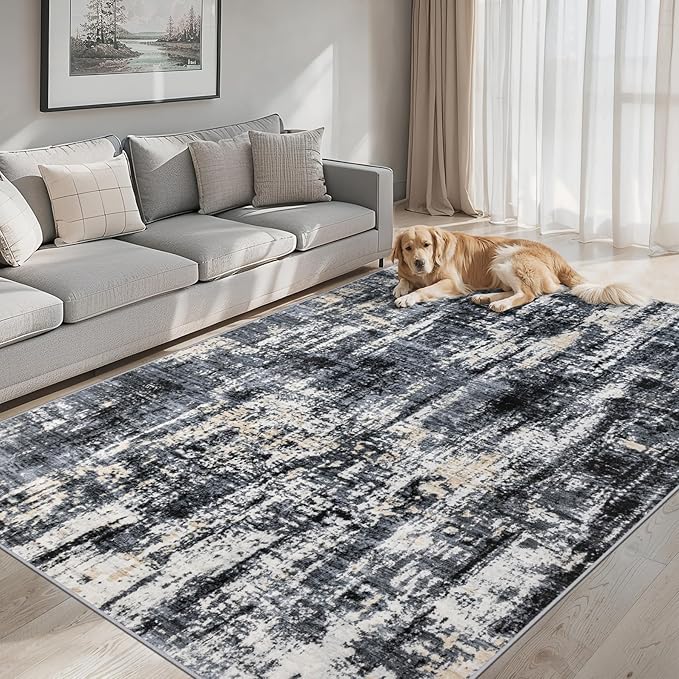 PLHXFR Area Rug Living Room: 4x6 Abstract Washable Carpet Black Gold