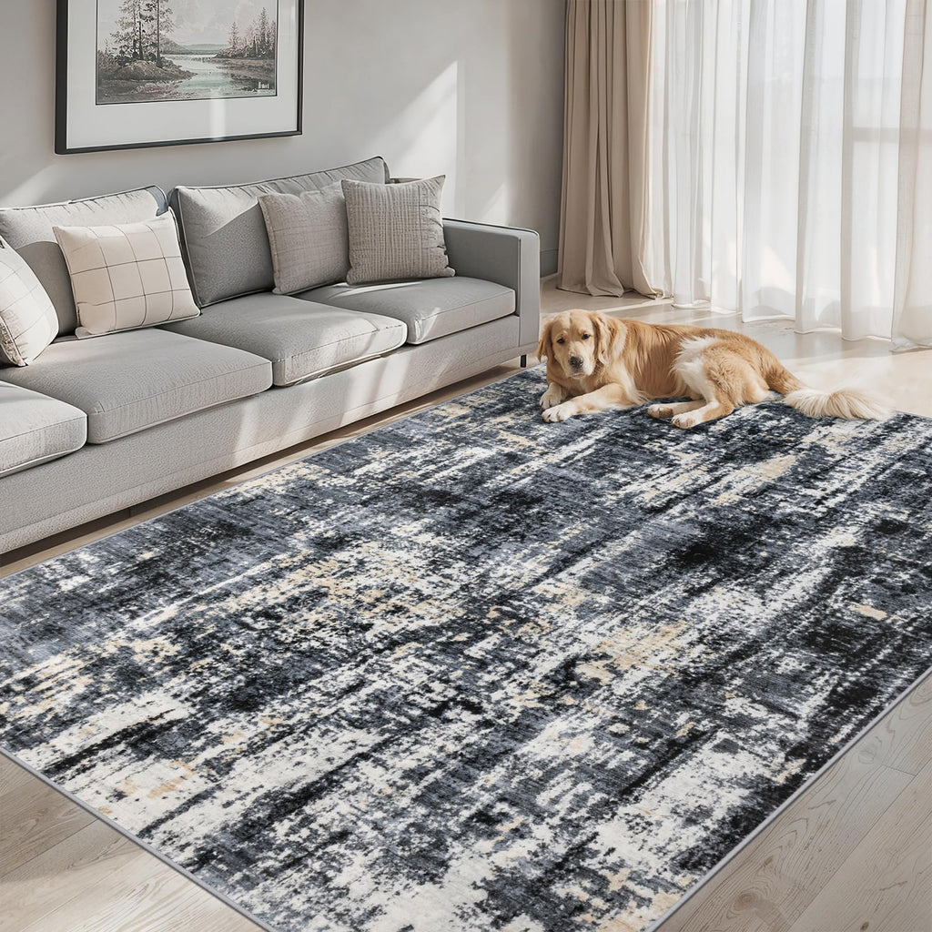 PLHXFR 10x14 Area Rug Living Room: Abstract Washable Carpet Black Gold