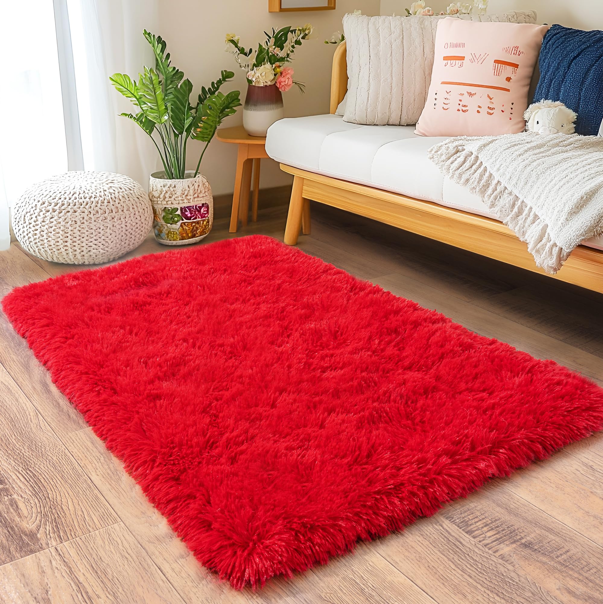 Quntue Small Area Rug, 2x3 Red Rug for Bedroom Shaggy Throw Rugs for Girls Room, Soft Carpet for Kids Room, Plush Non-Slip Fluffy Bedside Rug for Living Room Nursery Dorm Home Decor