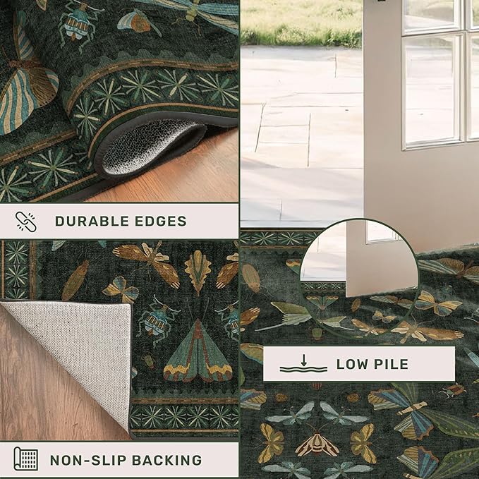 Vintage Dark Green 4ft Round Small Rug for Entryway Indoor - Soft Washable Circle Throw Rugs for Living Room, Home Office, Reading Corner, Insect Stain Resistant Kitchen Carpet, Boho Home Décor