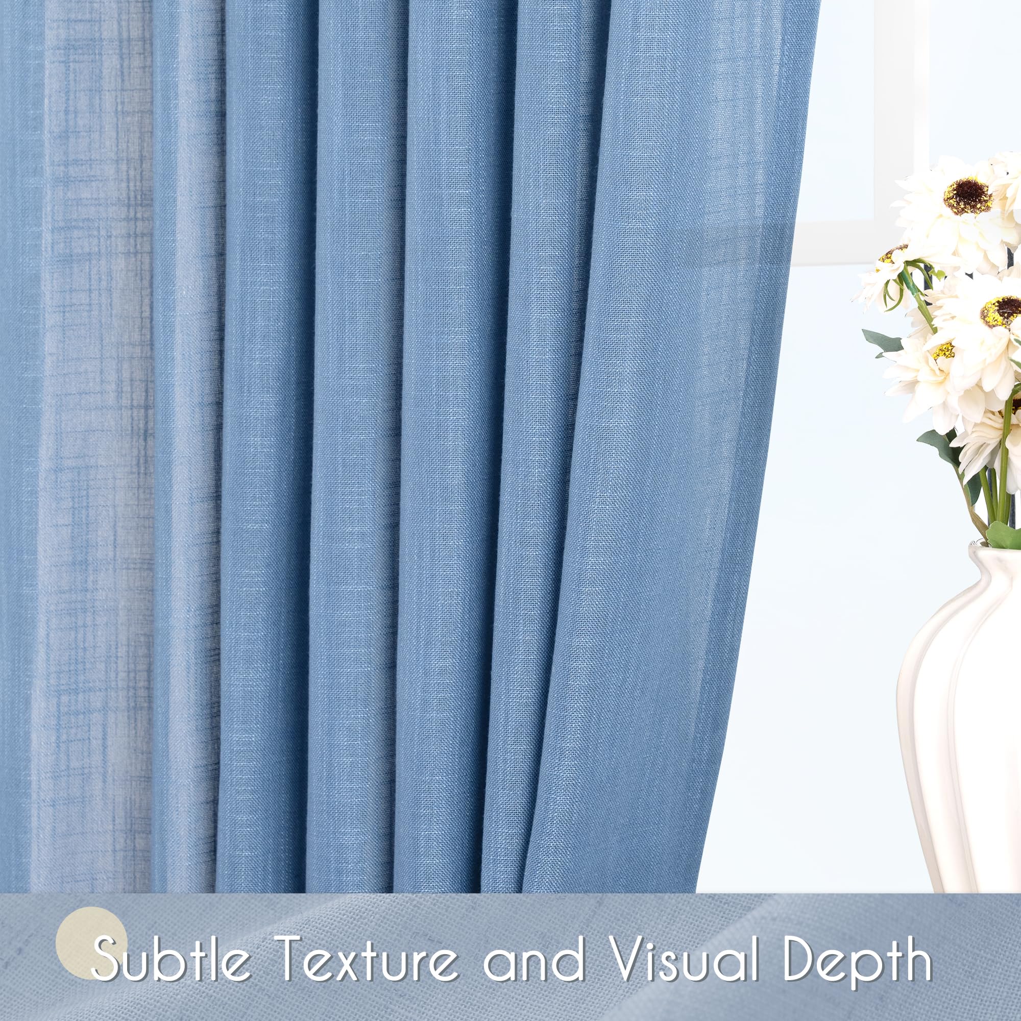 Jolilight Denim Blue Curtains for Living Room Back Tab Modern Farmhouse Semi Sheer Blue Curtains 90 inches Long 2 Panels Set Muted Neutral Window Curtain for Dining Room Bedroom 52x90