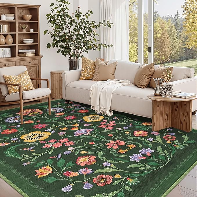 Washable Rug 8x10 Area Rugs for Living Room, Protea Floral Rug for Bedroom, Soft Vintage Non Slip Throw Rugs with Rubber Back, Low Pile Stain Resistant Boho Floral Carpet for Dining Room, Forest Green