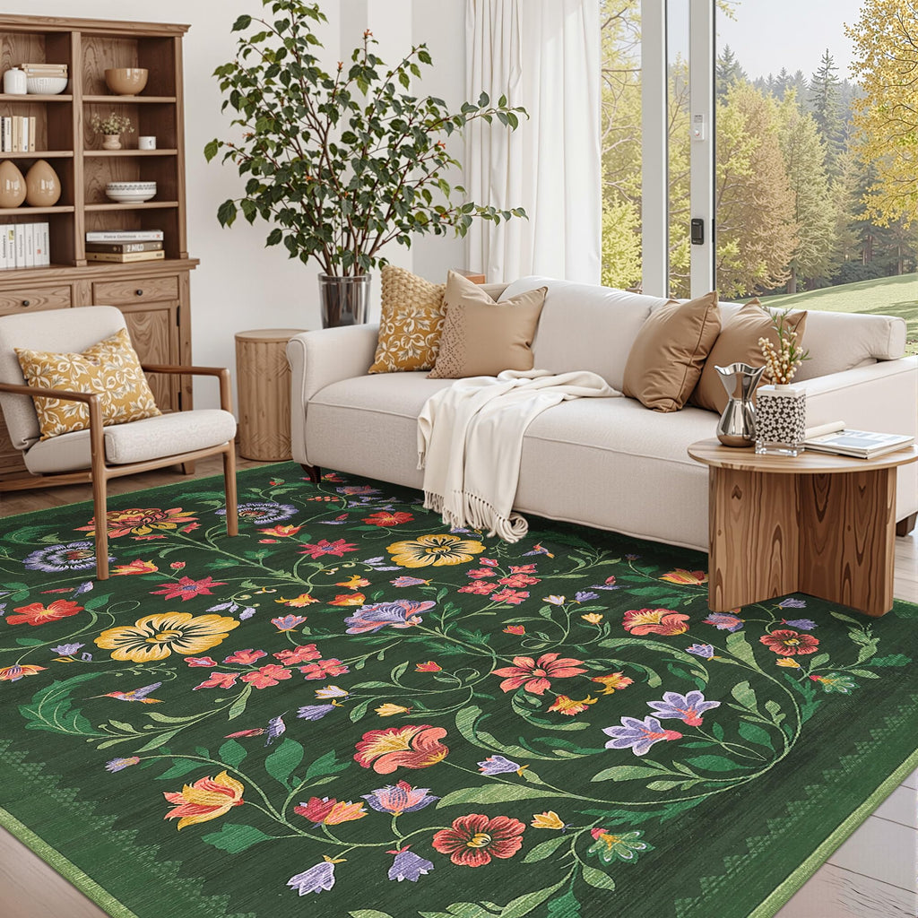 Washable Rug 8x10 Area Rugs for Living Room, Protea Floral Rug for Bedroom, Soft Vintage Non Slip Throw Rugs with Rubber Back, Low Pile Stain Resistant Boho Floral Carpet for Dining Room, Forest Green