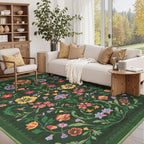 Washable Rug 8x10 Area Rugs for Living Room, Protea Floral Rug for Bedroom, Soft Vintage Non Slip Throw Rugs with Rubber Back, Low Pile Stain Resistant Boho Floral Carpet for Dining Room, Forest Green