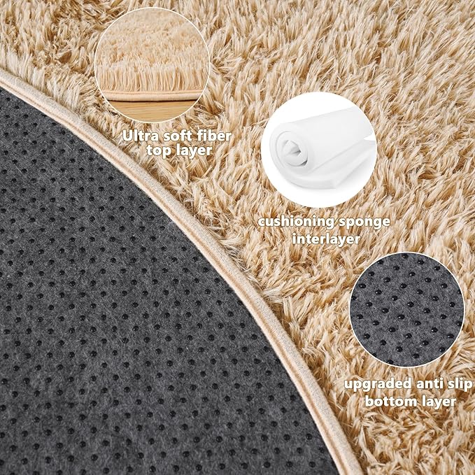 Quntue 6‘x6’ Beige Round Rug for Bedroom, Ultra Soft Fluffy Circle Rug for Kids Girls Boys Room, Cute Shag Rugs for Living Room Playroom Tent Castle Home Decor Rug