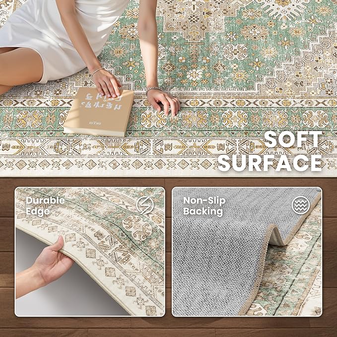 zesthome 5x7 Area Rugs - Ultra-Thin Washble Rug, Stain Resistant Anti Slip Backing Rugs for Living Room,Bedroom, Vintage Home Decor Area Rug (Green/Brown,5'x7')