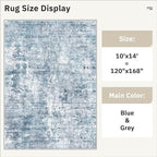 10x14 Area Rugs for Living Room, Non Slip Machine Washable Vintage Rugs, Low Pile Lightweight Large Rug for Bedroom, Dining Room, Home Office Blue