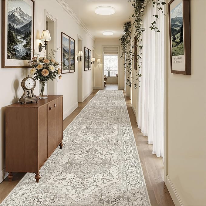 Madane 3x20 Hallway Runner Rug - Extra Long Carpet Runners for Hallways 20ft Non Slip Stain Resistant Rugs Runner for Living Room Bedroom 20 Feet Distressed Floor Carpet for Kitchen, Beige/Brown