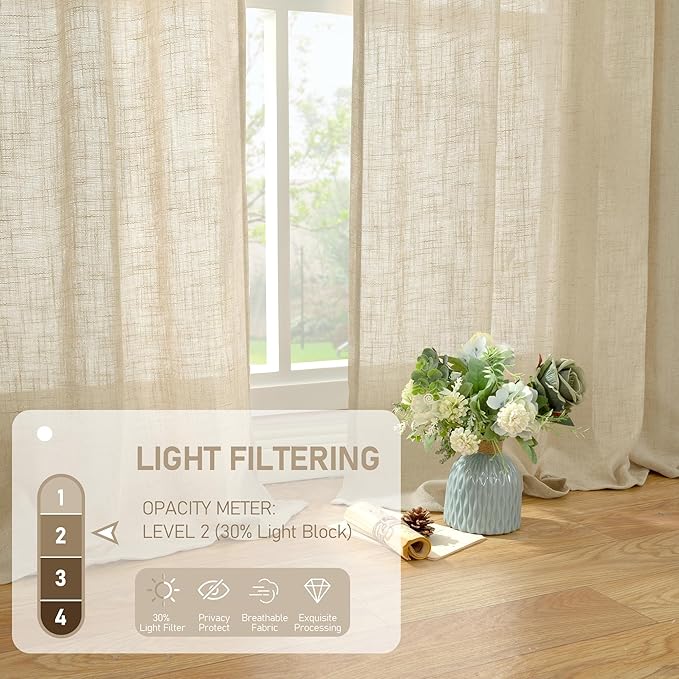 LAMIT Light Filtering Linen Curtains 78 inches Long for Bedroom, Faux Linen Textured Semi Sheer Back Tab and Rod Pocket Boho Modern Drapes for Living Room/Farmhouse, Linen, 2 Panels, 52 x 78 Inch