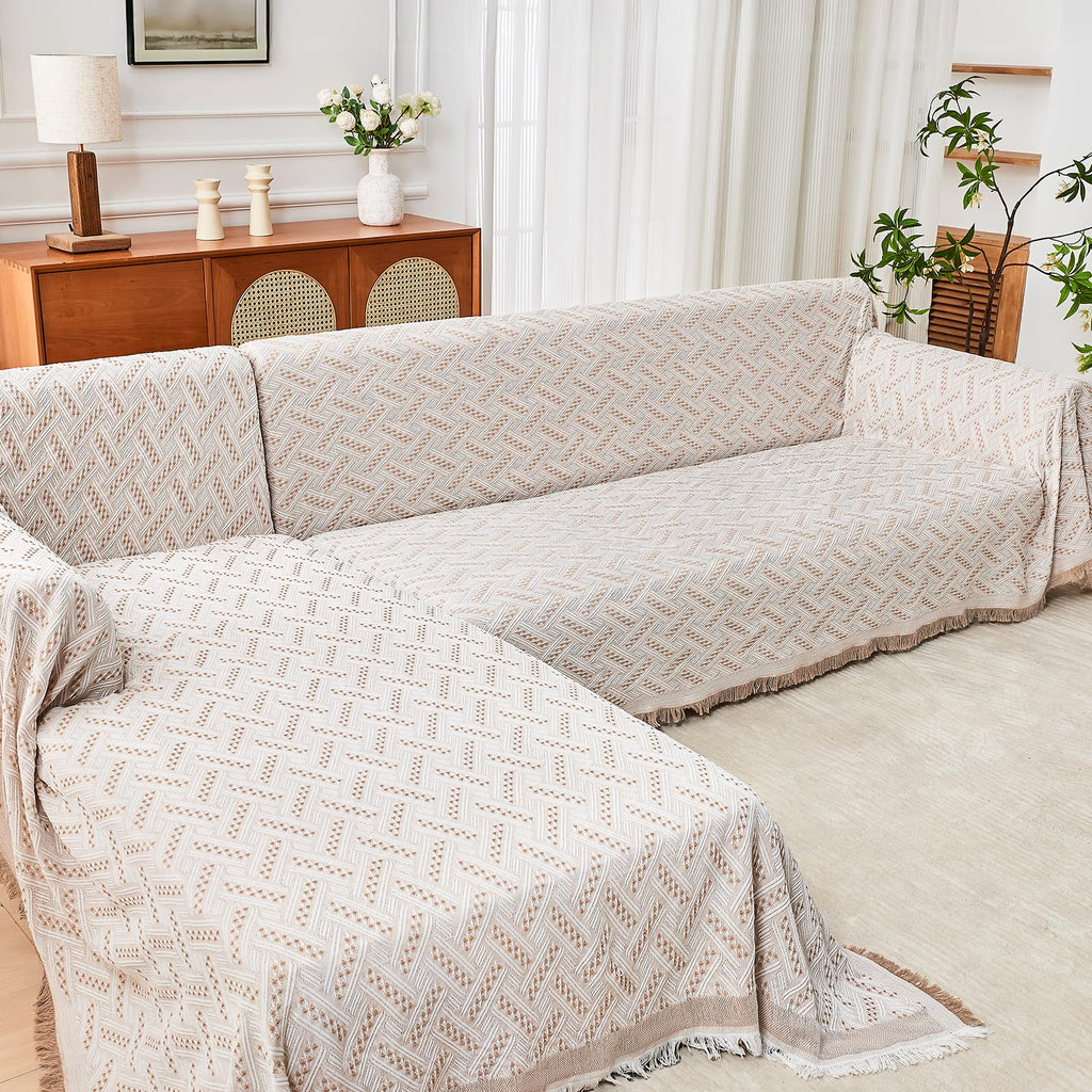 HOMERILLA 2 Piece Sectional Couch Cover for L Shape Sofa Khaki White XL